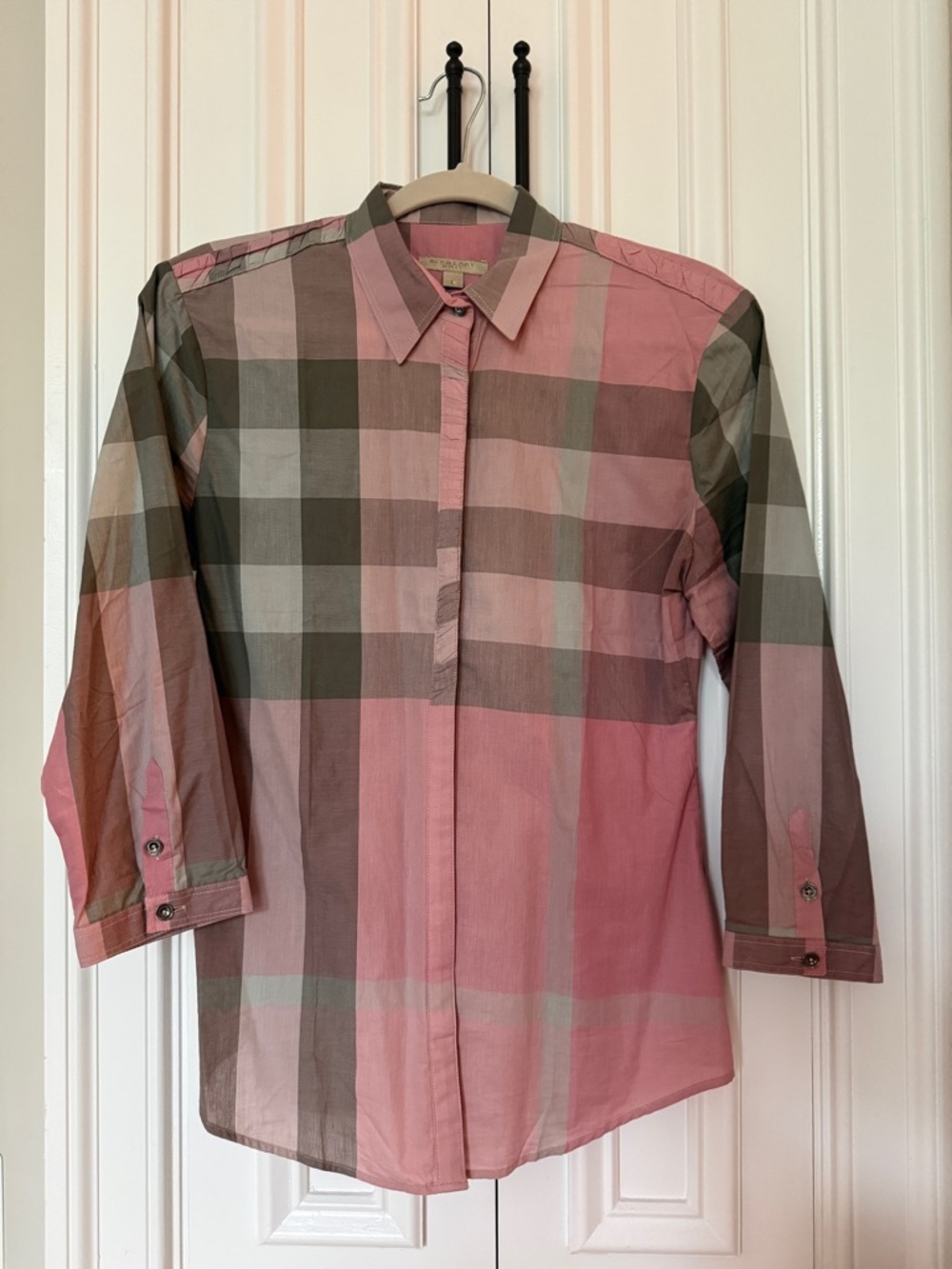 Burberry Pink and Brown Plaid Button-Down Shirt